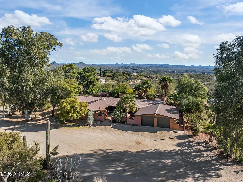 Aerial of the home framed by trees, mountains on the horizon