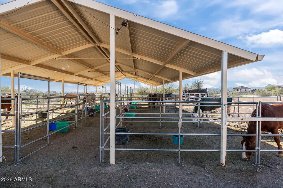 Covered horse stalls with pipe-rail pens